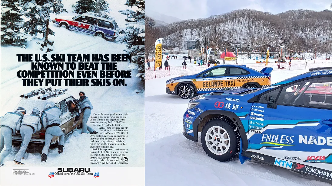 左側は雪道を走行中のSUBARUの車と、別の車を押し上げる人々を描いたポスター、右側はスキーリゾートで使用されるSUBARUの車の写真。