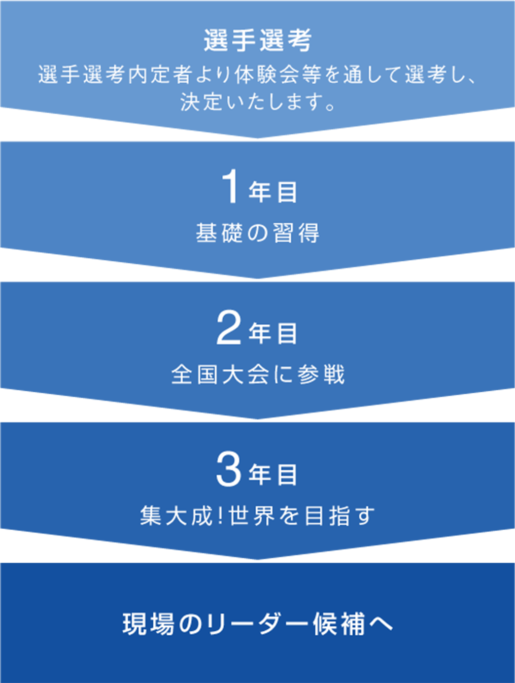 選手選考 選手選考内定者より体験会等を通して選考し、決定いたします。→ 1年目 基碕の習得 → 2年目 全国大会に参戦 → 3年目 集大成!世界を目指す → 現場のリーダー候補へ